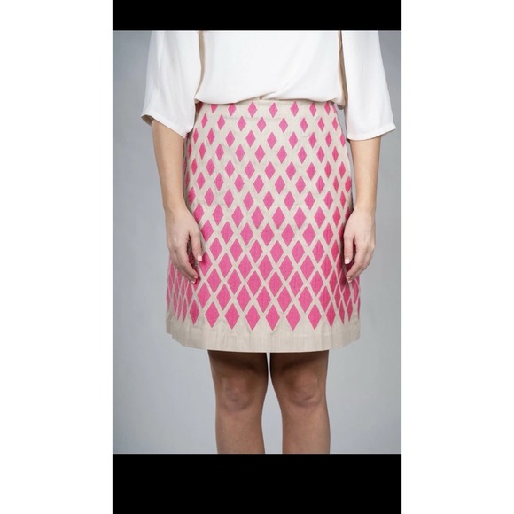 Boden Pencil Skirt With Diamond Shape Design Size‎ 6 Pink Tan Cotton Casual - Picture 2 of 10